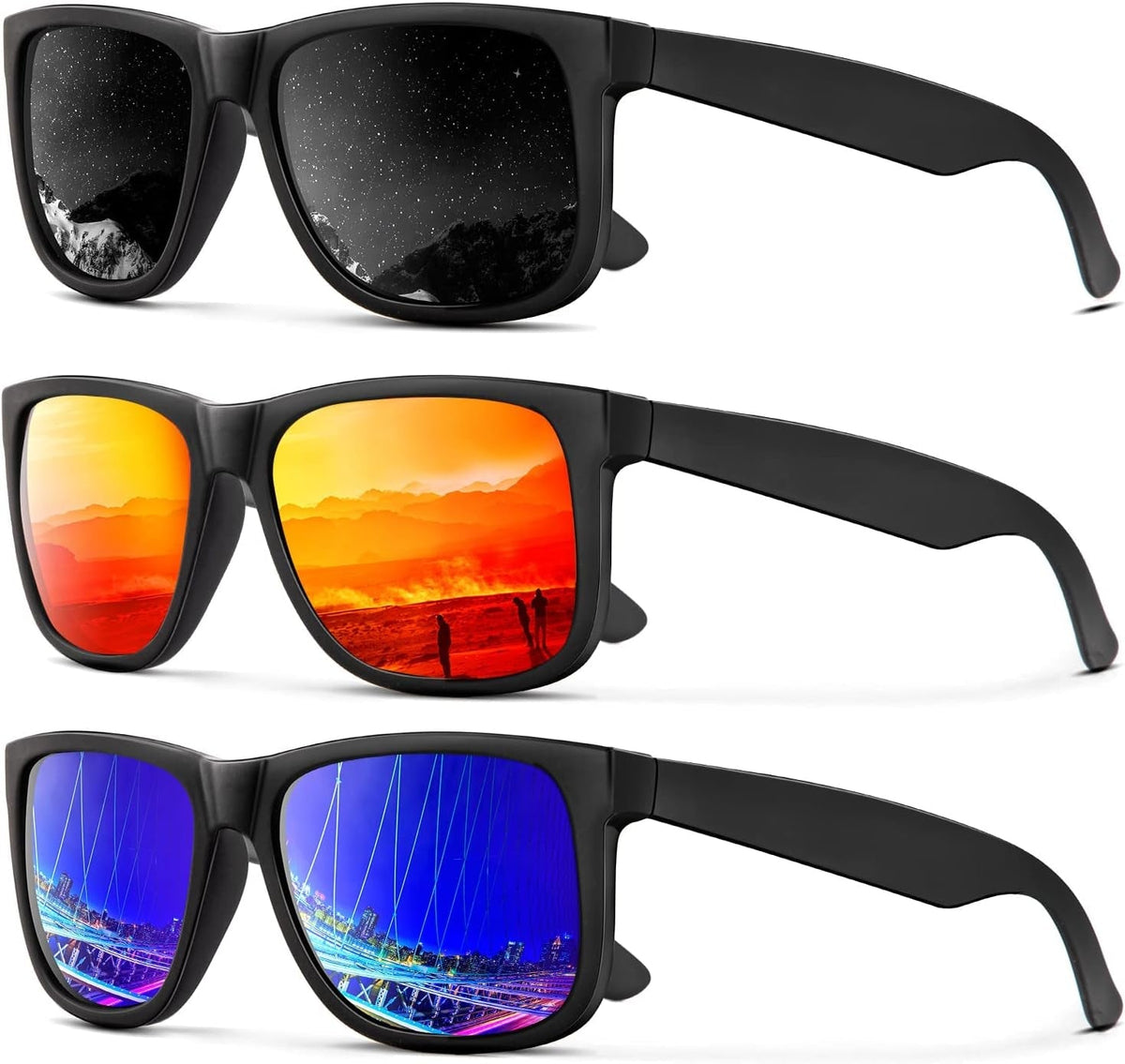 Sunglasses Men Polarized Sun glasses for Mens Womens Classic Matte Black Frame UV Protection 3pack