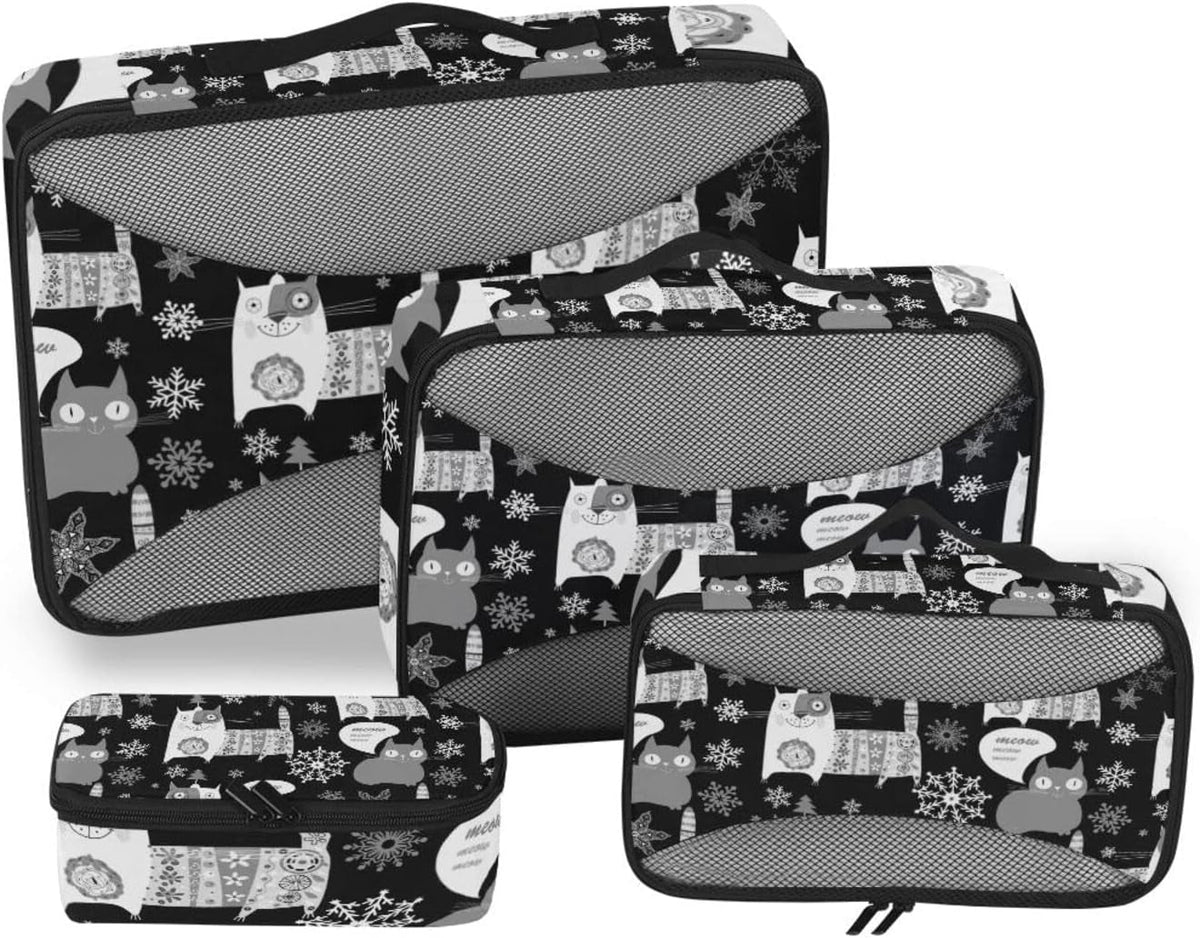 Seamless Retro Russian Cat Snowflakes on Black Happy New Year 4 Pcs Set Packing Bags, Luggage Organizer Bag, Portable Cube Toiletry Bag, Durable Travel Cosmetic Storage Bag for Men Women