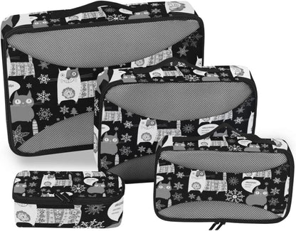 Seamless Retro Russian Cat Snowflakes on Black Happy New Year 4 Pcs Set Packing Bags, Luggage Organizer Bag, Portable Cube Toiletry Bag, Durable Travel Cosmetic Storage Bag for Men Women