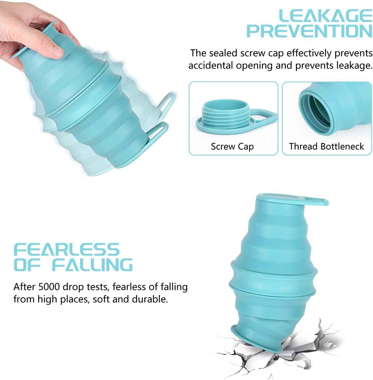 Collapsible Water Bottle,17Oz(500Ml) Reuseable BPA Free Silicone Foldable Water Bottles for Travel Gym Camping Hiking, Portable Leak Proof Sports Water Bottle with Carabiner