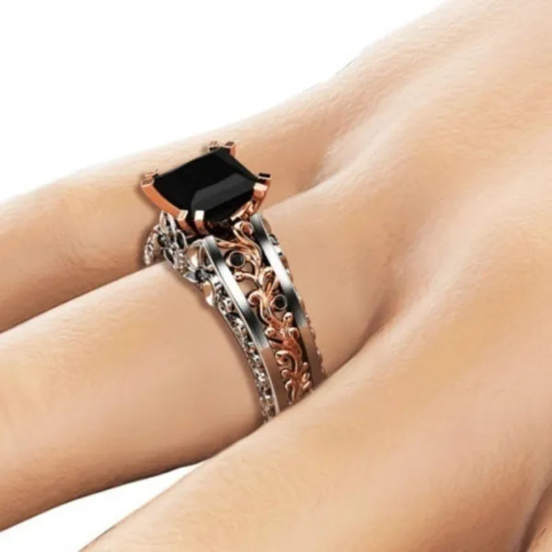 Antique 925 Sterling Silver Black Sapphire Diamond Floral Engagement Ring 18K Rose Gold Wedding Bridal Rings Size 5-10