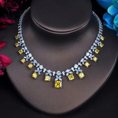 CANDICE Brilliant Princess Cut Yellow Women Jewelry Sets With Clear CZ Elegant White Gold Plated Drop Earrings Necklace Set for Bridal Wedding Dress Accessories