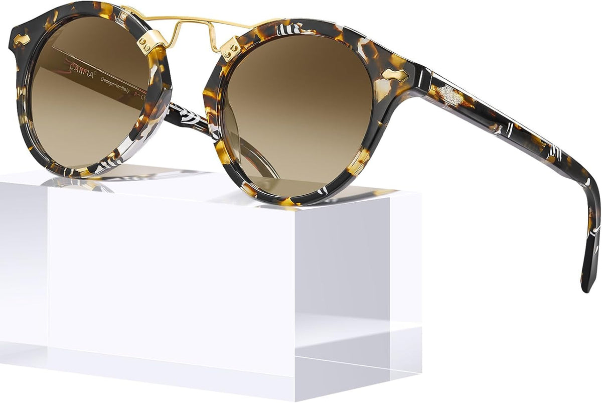 Small Acetate Polarized Sunglasses for Women UV Protection, Retro Double Bridge Eyewear Metal Brow Round Sunnies