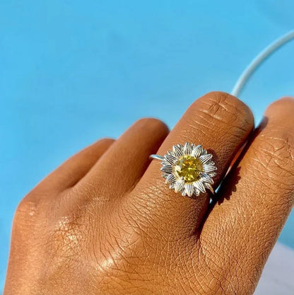 Luxury Fashion silver-plated Crystal Sunflower Diamond Ring Natural Water Drop Citrine Rings Ladies Elegant Glamorous Party Finger Jewelry Party Bride Wedding Engagement Ring Anniversary Gift