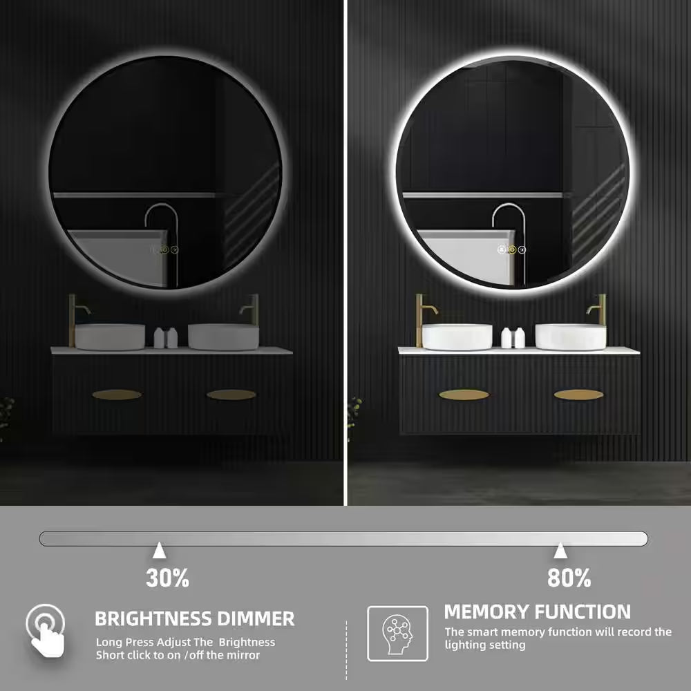 RS 32 In. W X 32 In. H round Beveled Edge 3 Colors Dimmable LED Anti-Fog Memory Wall Mount Bathroom Vanity Mirror