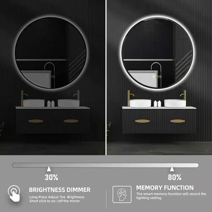 RS 32 In. W X 32 In. H round Beveled Edge 3 Colors Dimmable LED Anti-Fog Memory Wall Mount Bathroom Vanity Mirror