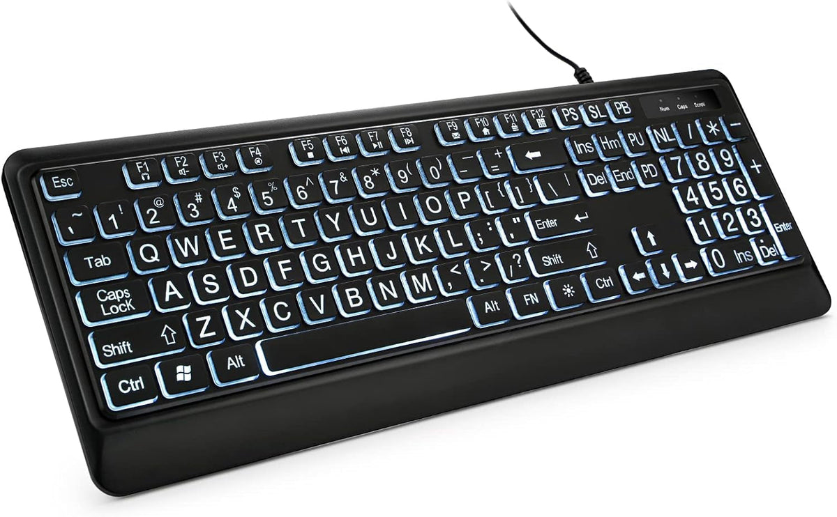Large Print Backlit Keyboard, Quiet USB Wired Computer Keyboard, Full Size Keyboard with White Illuminated LED Compatible for Windows Desktop, Laptop, PC, Gaming, Black