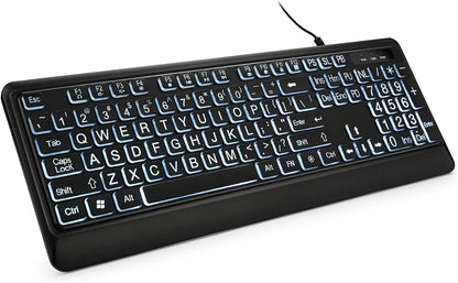 Large Print Backlit Keyboard, Quiet USB Wired Computer Keyboard, Full Size Keyboard with White Illuminated LED Compatible for Windows Desktop, Laptop, PC, Gaming, Black