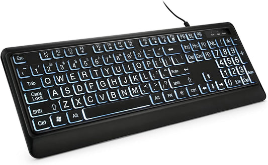 Large Print Backlit Keyboard, Quiet USB Wired Computer Keyboard, Full Size Keyboard with White Illuminated LED Compatible for Windows Desktop, Laptop, PC, Gaming, Black