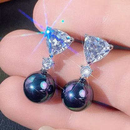 Retro Pearl Drop Earring 925 Sterling Silver 3 Prong Setting Triangle White Sapphire and Diamond Earring for Women Party Jewelry
