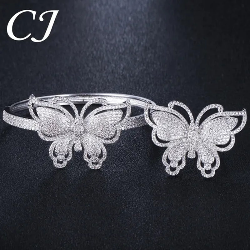 CANDICE High Quality Rose White Gold Plated Full Pave Tiny Crystal Stone Big Butterfly Shape Ring and Bangle Bracelet Party Jewelry Set for Women Christmas Gift