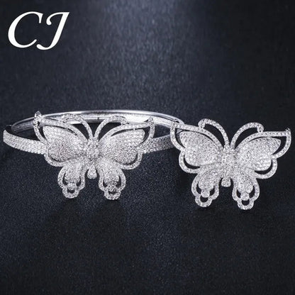 CANDICE High Quality Rose White Gold Plated Full Pave Tiny Crystal Stone Big Butterfly Shape Ring and Bangle Bracelet Party Jewelry Set for Women Christmas Gift