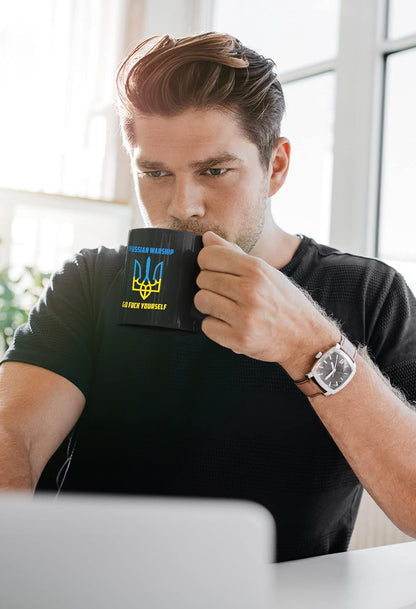 Design Ukraine'S Symbol Works with Russian Warship Go F-Ck Yourself Mug 15 Oz Black