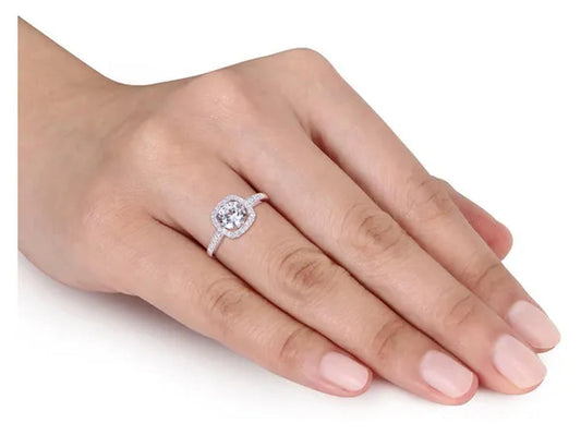 1.00 Carat (ctw) Lab Created White Sapphire Halo Engagement Ring in 10K White Gold with Diamonds