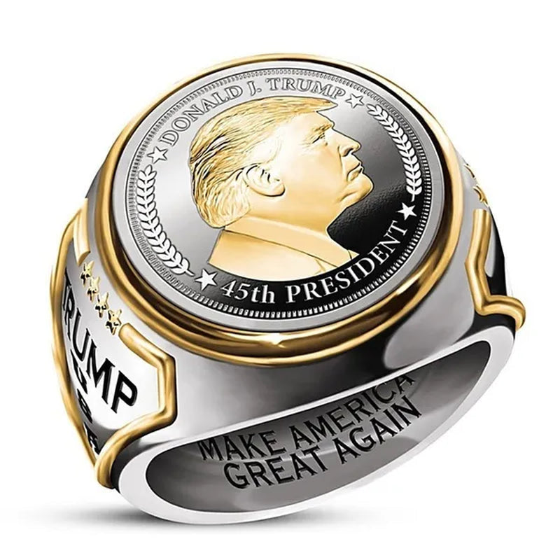 925 Sterling Silver Plated Mens Fashion Ring Two Tone 18K Gold Plated"Make America Great Again" USA President Trump Statue Commemorative Coin Rings General Election Trump Supporters Jewelry Successfully Elected Souvenir Gift Size 6 - 13