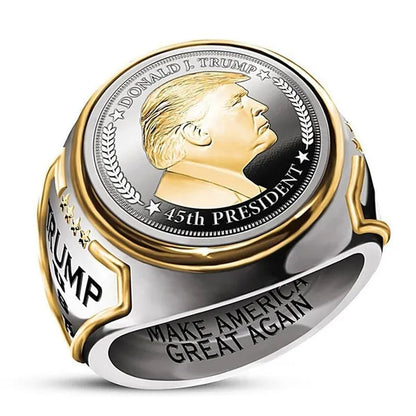 925 Sterling Silver Plated Mens Fashion Ring Two Tone 18K Gold Plated"Make America Great Again" USA President Trump Statue Commemorative Coin Rings General Election Trump Supporters Jewelry Successfully Elected Souvenir Gift Size 6 - 13