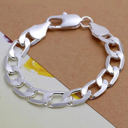 2PCS (Bracelet + Necklace) 925 Sterling Silver Smooth Flat Sideways Chain Necklace Fashion Luxury Exaggerated 16"-30" Fashion Exquisite Jewelry Sets for Women and Men