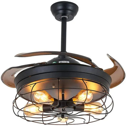36 Inch Ceiling Fan with Light Industrial Ceiling Fan Retractable Blades Vintage Cage Chandelier Fan with Remote Control