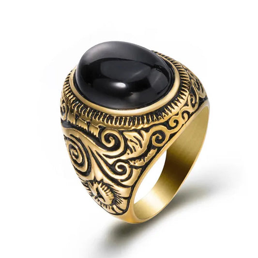 Men's Women's Natural Oval Black Onyx Gem Silver Gold Stainless Steel Ring Gift Jewelry Plus Size 8-15