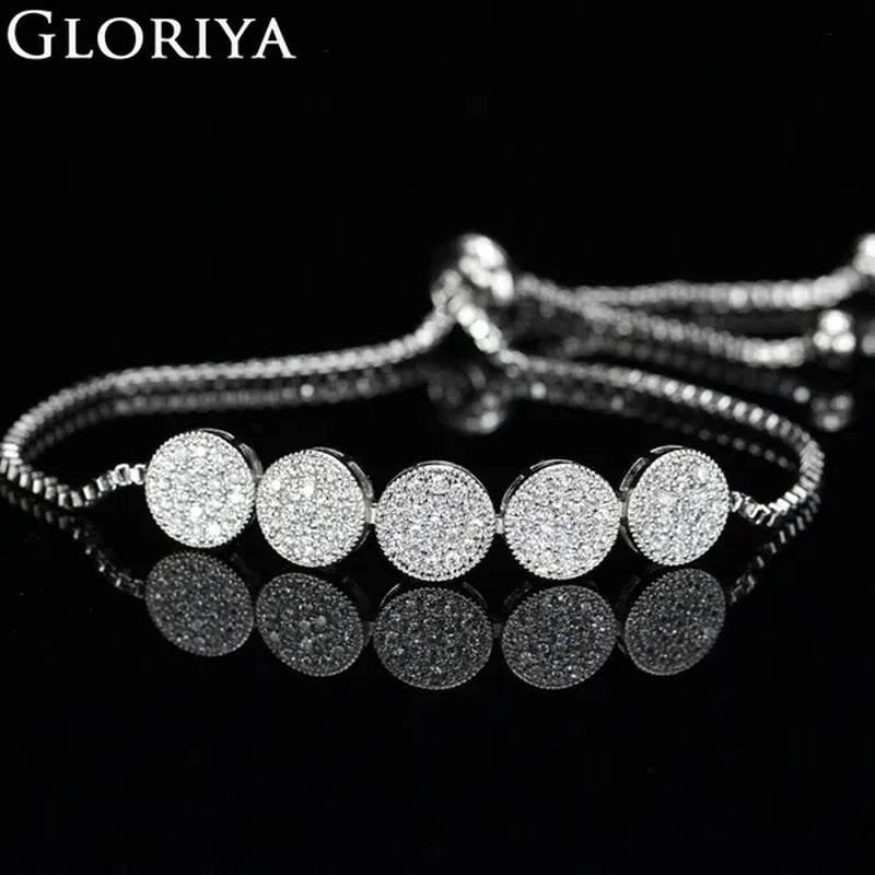 Gloriya Glitter 5 Pcs Round Shaped Full Micro Inlay Tiny CZ Zirconia Designer Bar Slider Bracelet Women Jewelry With White Gold Plated（Size :Adjustable）