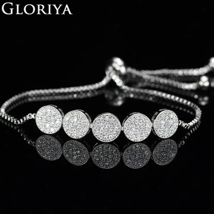 Gloriya Glitter 5 Pcs Round Shaped Full Micro Inlay Tiny CZ Zirconia Designer Bar Slider Bracelet Women Jewelry With White Gold Plated（Size :Adjustable）