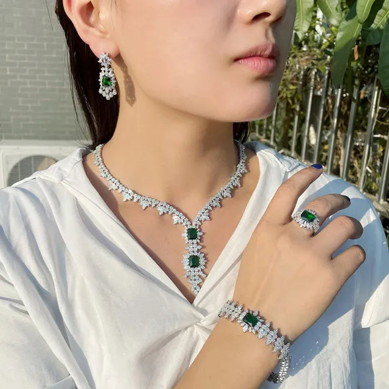 CANDICE High Quality White Gold Plated AAA CZ Women Long Pendant Necklace Earrings Ring Bracelet 4pcs Jewelry Set for Deep V Wedding Party Dress Accessories