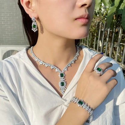 CANDICE High Quality White Gold Plated AAA CZ Women Long Pendant Necklace Earrings Ring Bracelet 4pcs Jewelry Set for Deep V Wedding Party Dress Accessories
