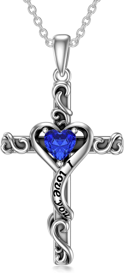 Birthstone Cross Necklace for Women 925 Sterling Silver Heart Cross Pendant Necklace I Love You Jewelry Anniversary Birthday Gifts for Her Mom