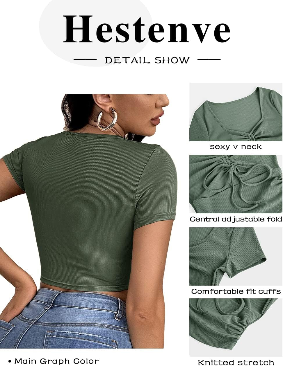 Women'S Summer Sexy Crop Top Ruched Y2K V Neck Slim Short Sleeve Casual Basic Knit T Shirt Workout Tops Army Green