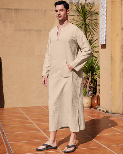 Men'S Kaftan Thobe Long Sleeve Men Thobe Robe Side Split Men Thobe with Pockets Casual Thobe