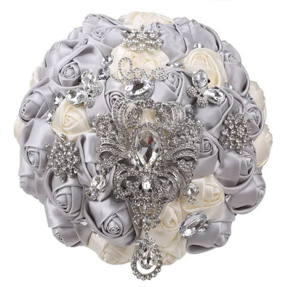 21CM Shiny Silver Rhinestone Brooch Bridal Bouquet Handmade Silk Rose Ribbon Diamond Wedding Flower Bouquet Bridesmaid Holding Flowers