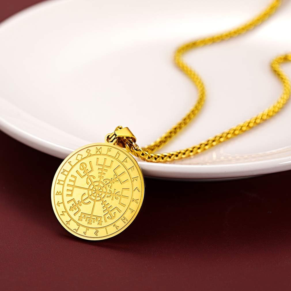 Viking Medal Necklace for Men Sturdy Stainless Steel Pendant Necklaces Retro Norse Mythology Jewelry with Gift Box