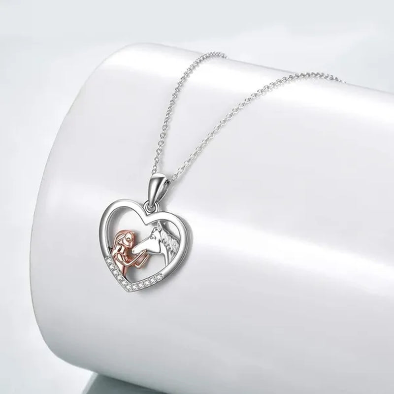 2022 New Exquisite Fashion 925 Sterling Silver Girl and Horse Necklace for Women Girls Heart Diamond Pendant Necklace Horse Jewelry for Girl Daughter Birthday Party Anniversary Gift