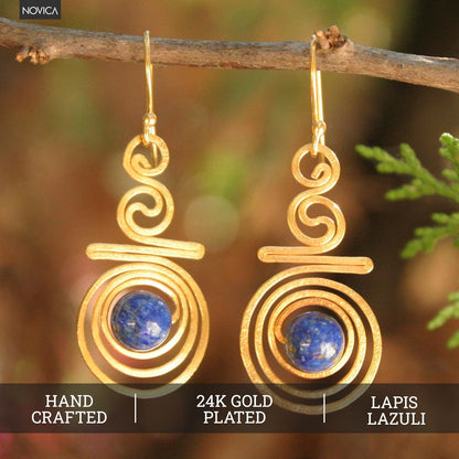 Artisan Handmade 24K Gold Plated Lapis Lazuli Dangle Earrings Crafted Brass Blue Thailand Modern 'Follow the Dream'