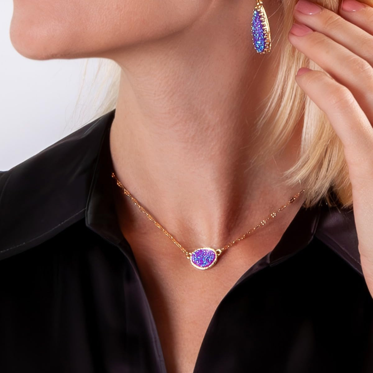 Humble Chic Simulated Druzy Pendant Necklace for Women with Sparkly Oval Stone - Gold, Silver, or Rose Gold Tone Chain - 16" with 3" Extender