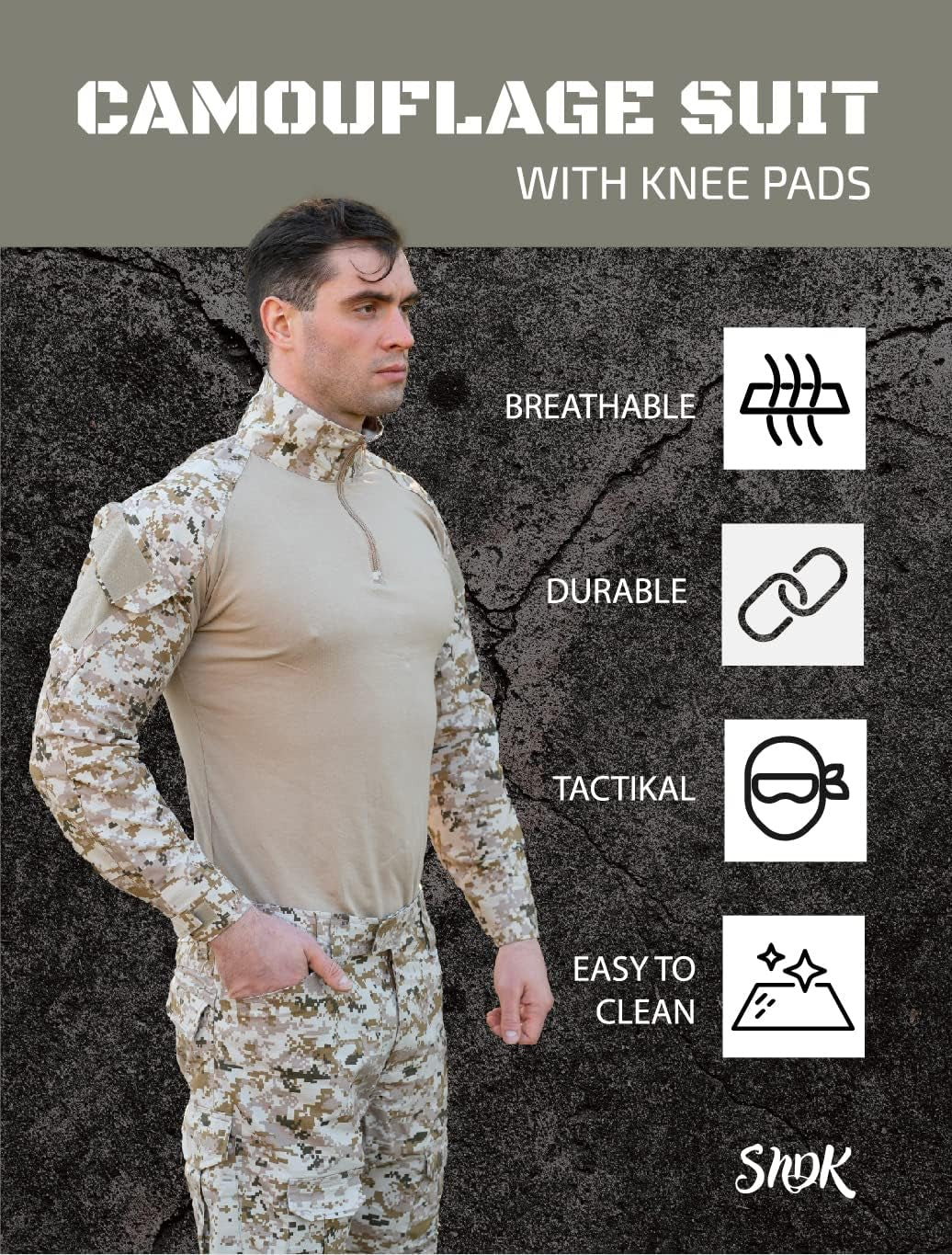 Military Uniform, Camo Long Sleeve Shirt Men & G3 Combat Pants with Knee Pads, Fishing, Hunting, Paintball, Airsoft Clothes