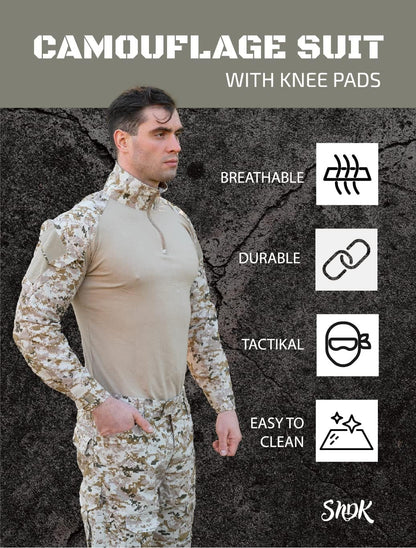 Military Uniform, Camo Long Sleeve Shirt Men & G3 Combat Pants with Knee Pads, Fishing, Hunting, Paintball, Airsoft Clothes