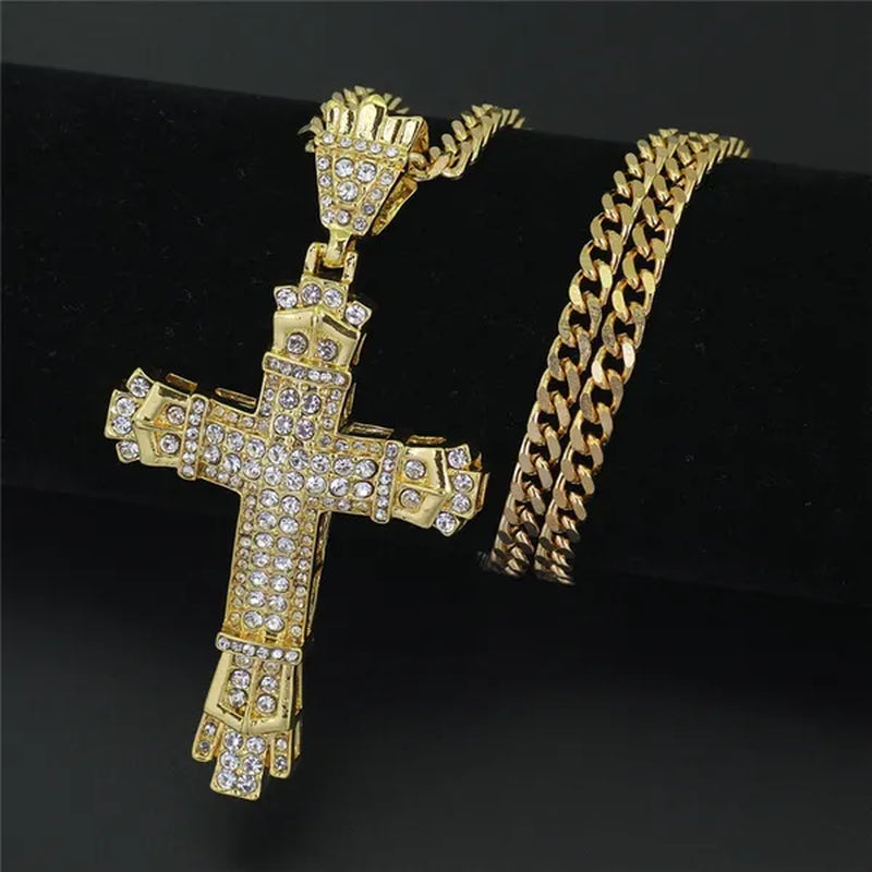 Diamond Miami Cuban Link 24K Gold / 925 Silver Plated Cross Pendant Stainless Steel Hip Hop Necklace