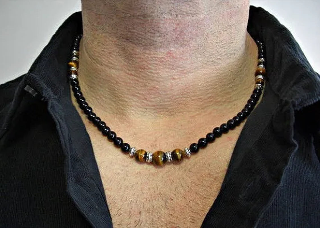 Black Onyx Tiger Eye Silver Accents Men's Necklace