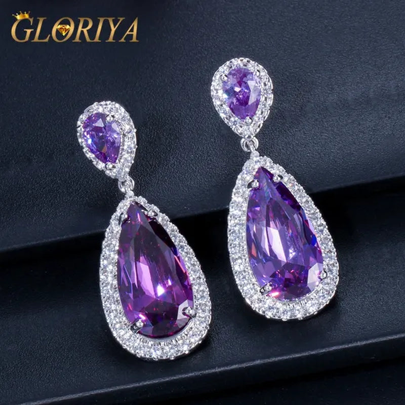 GLORIYA Luxury Wedding Party Jewelry Romantic Purple Crystal Big Tear Drop Earrings For Bridal Dress Accessories