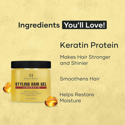 Hair Gel - with Keratin Protein - Styling Gel for Curly, Frizzy, Straight, Wavy & Fine Hair - Flake Free, Strong Hold and Shine - for All Hair Types - Men & Women - 16 Oz