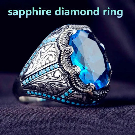 European and American Hot Selling Sapphire Retro Rings for Men, Antique Silver Inlaid Sapphires with Diamonds Luxury Fashion Men's Retro Rings, Classic Atmosphere, Party Business Casual Jewelry, Wedding Accessories, Anniversary Gifts