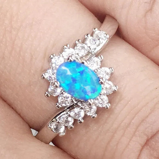 Exquisite Women's  Silver Ring Oval Cut Fire Opal Diamond Jewelry Birthday Proposal Gift Bridal Engagement Party Band Rings Size 5-12
